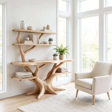 Caelith Sculpted Solid Wood Console Table with Shelves - Timberustic Console Table with Shelves