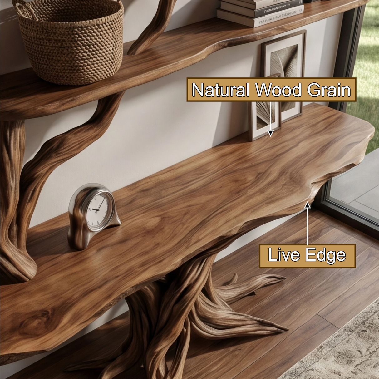 Caelreth Sculpted Solid Wood Console Table with Shelves - Timberustic Console Table with Shelves