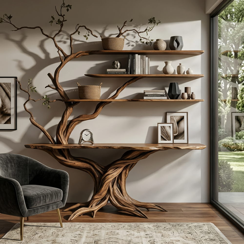Caelreth Sculpted Solid Wood Console Table with Shelves, Organic Modern ...