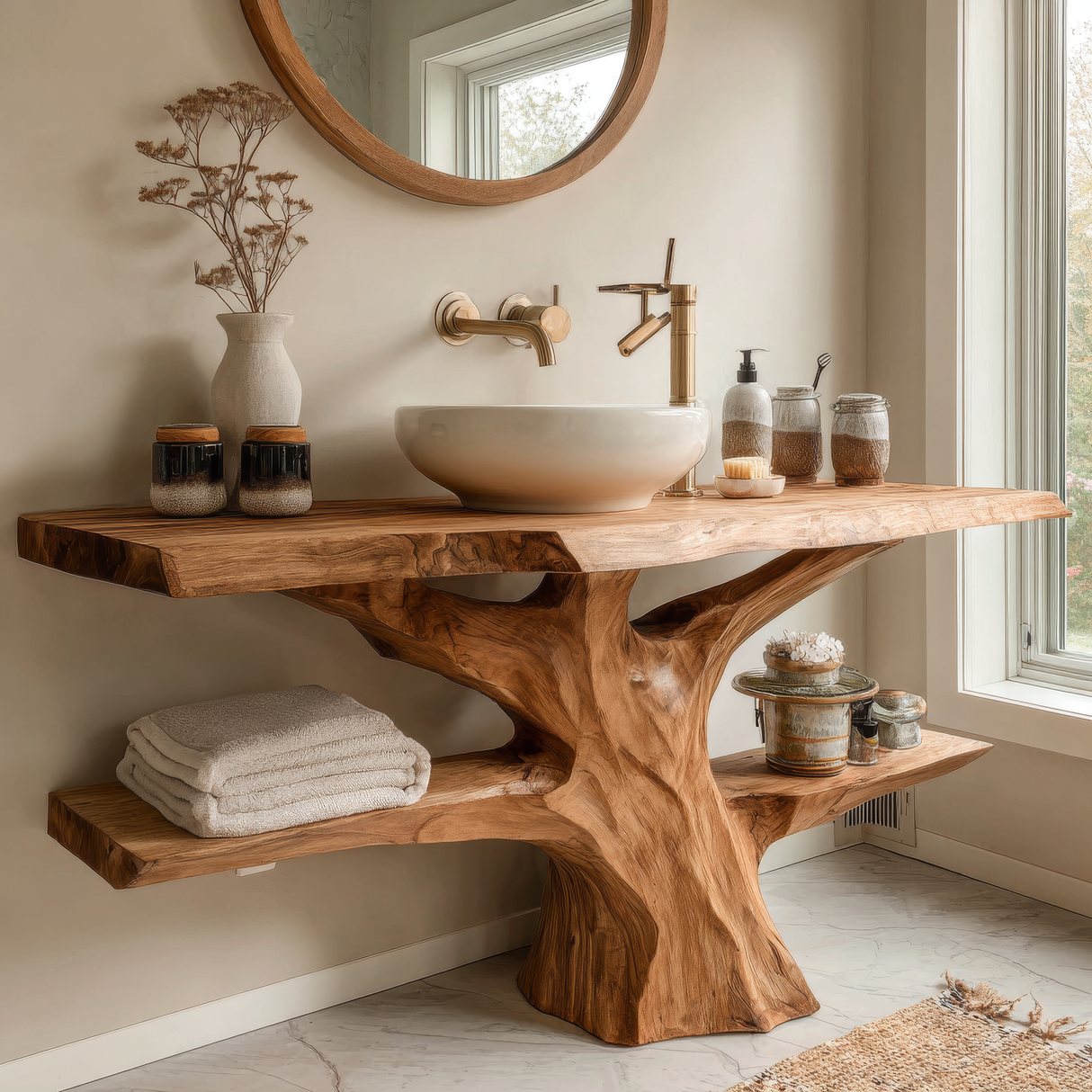 Caelric Rootform Solid Wood Freestanding Bathroom Vanity with Shelves - Timberustic Freestanding Bathroom Vanity with Shelves