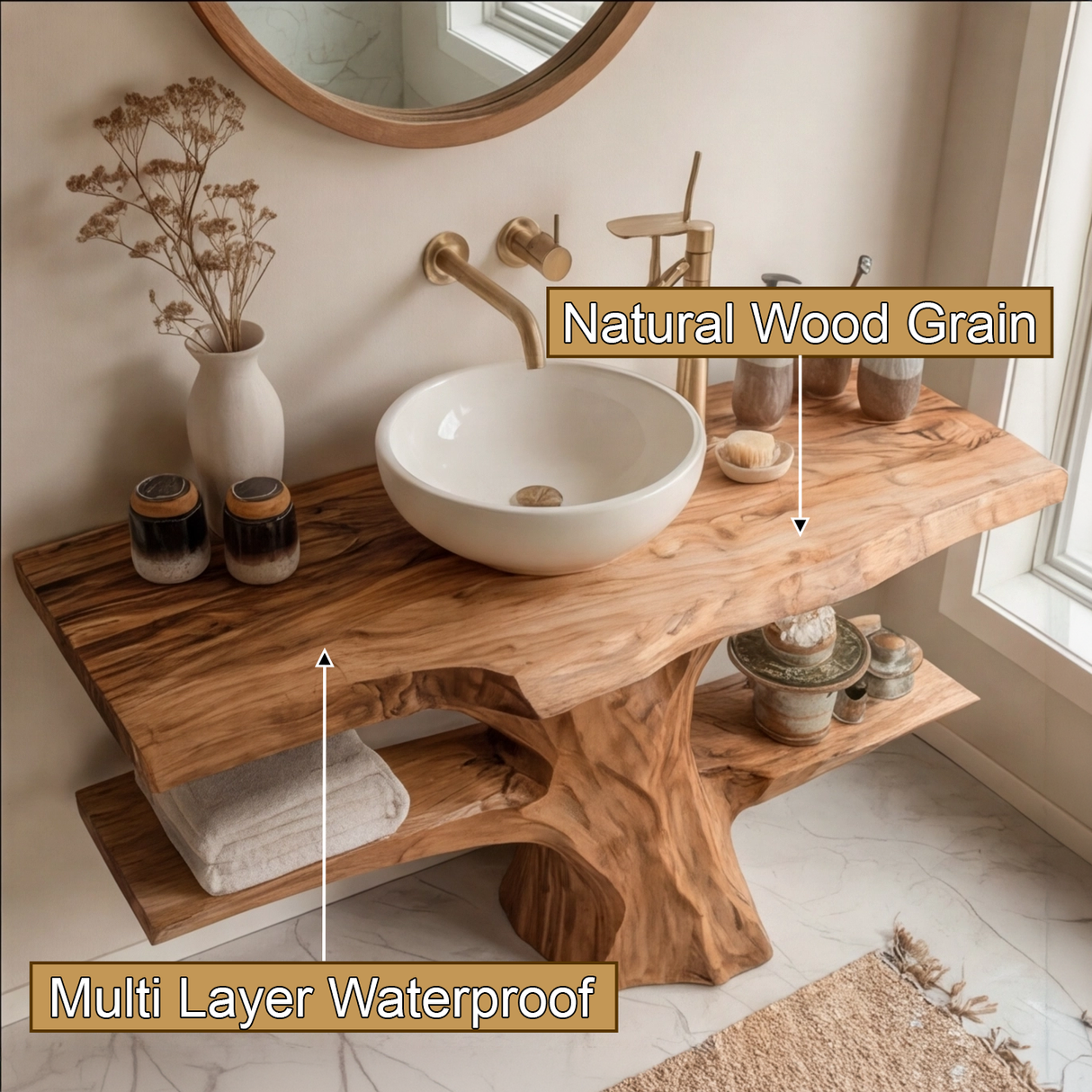 Caelric Rootform Solid Wood Freestanding Bathroom Vanity with Shelves - Timberustic Freestanding Bathroom Vanity with Shelves