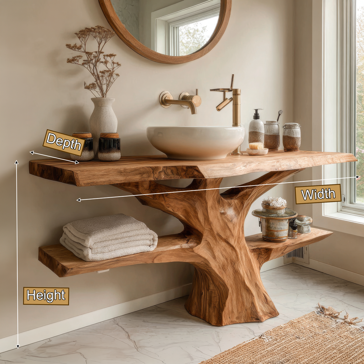 Caelric Rootform Solid Wood Freestanding Bathroom Vanity with Shelves - Timberustic Freestanding Bathroom Vanity with Shelves