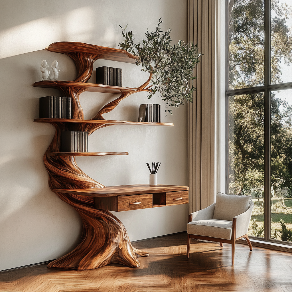 Caelrith Sculpted Solid Wood Tree Bookshelf with Drawers - Timberustic Tree Bookshelf