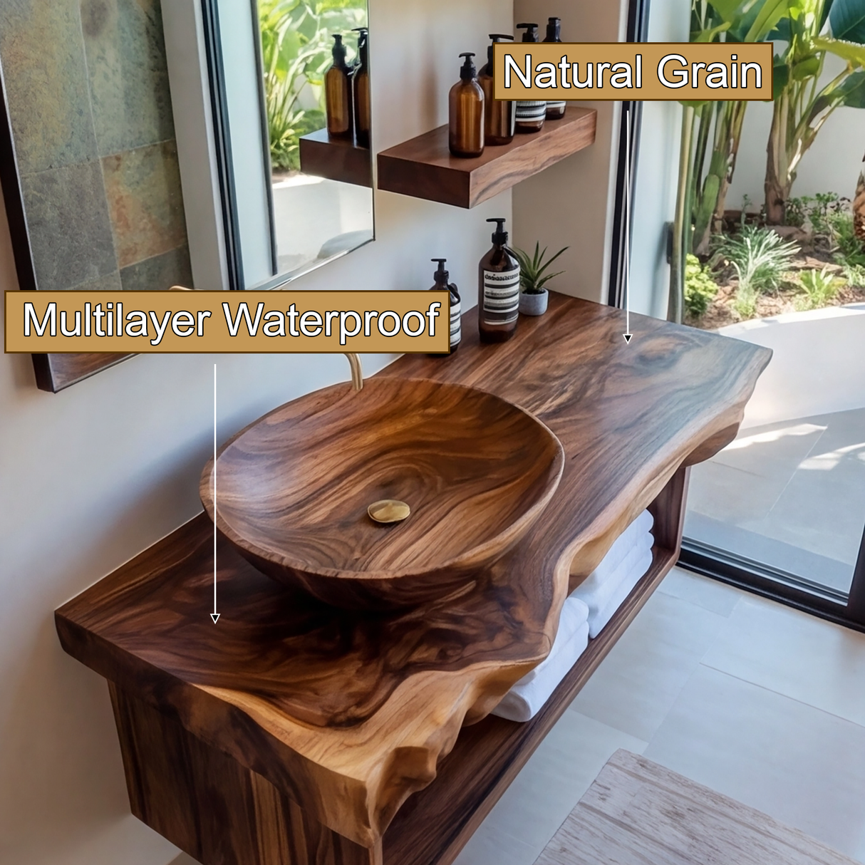 Caelum Live Edge Solid Wood Floating Bathroom Vanity with Open Storage - Timberustic Floating Bathroom Vanity with Open Storage
