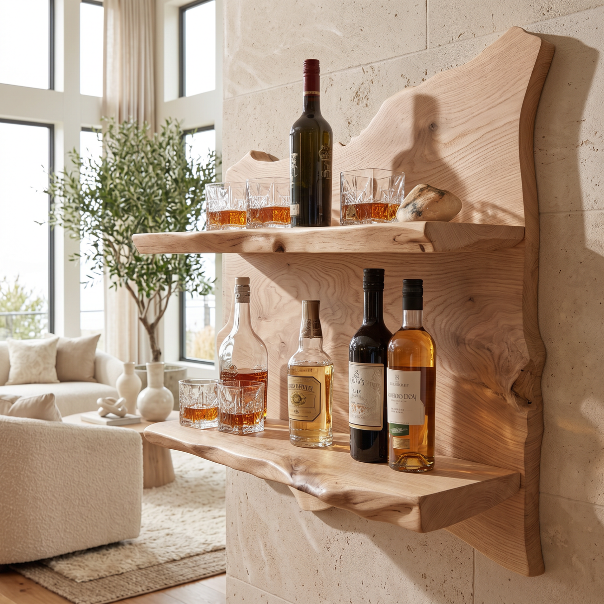Caelvorn Live Edge Handcrafted Floating Wine Shelf Natural Oak - Timberustic Floating Wine Shelf