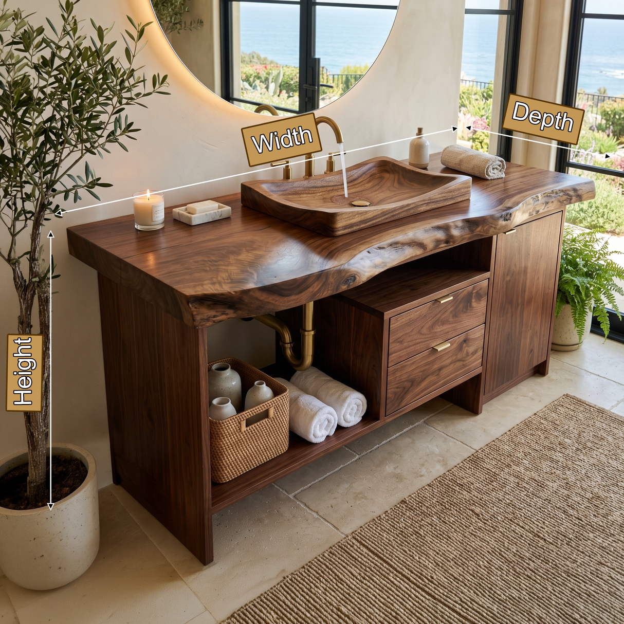 Caelwyn Live Edge Solid Wood Freestanding Bathroom Vanity with Drawers