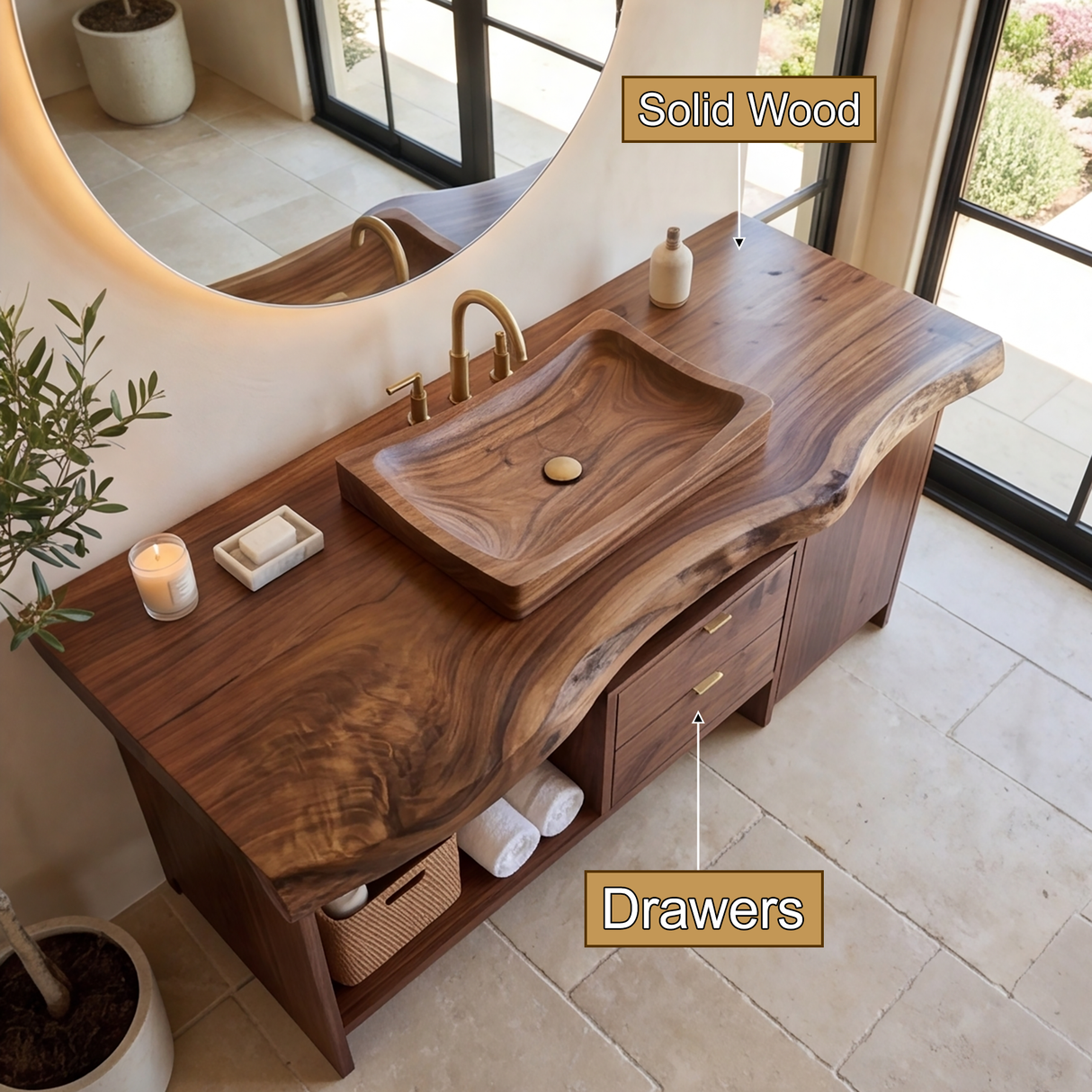 Caelwyn Live Edge Solid Wood Freestanding Bathroom Vanity with Drawers