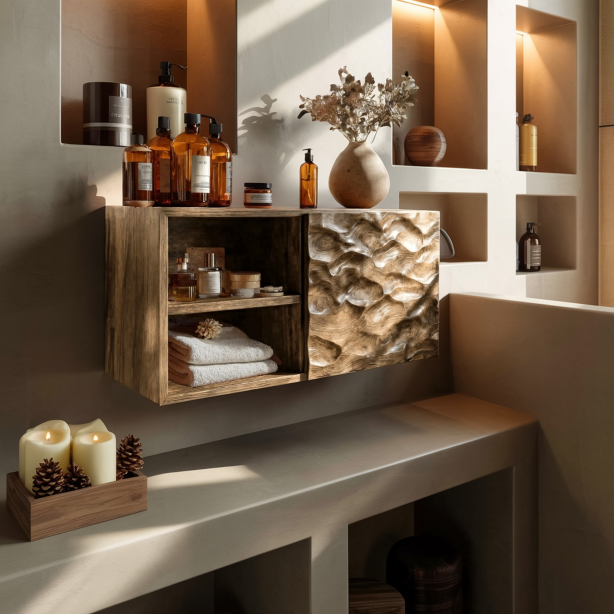 Caldrin Wave Solid Wood Floating Bathroom Cabinet