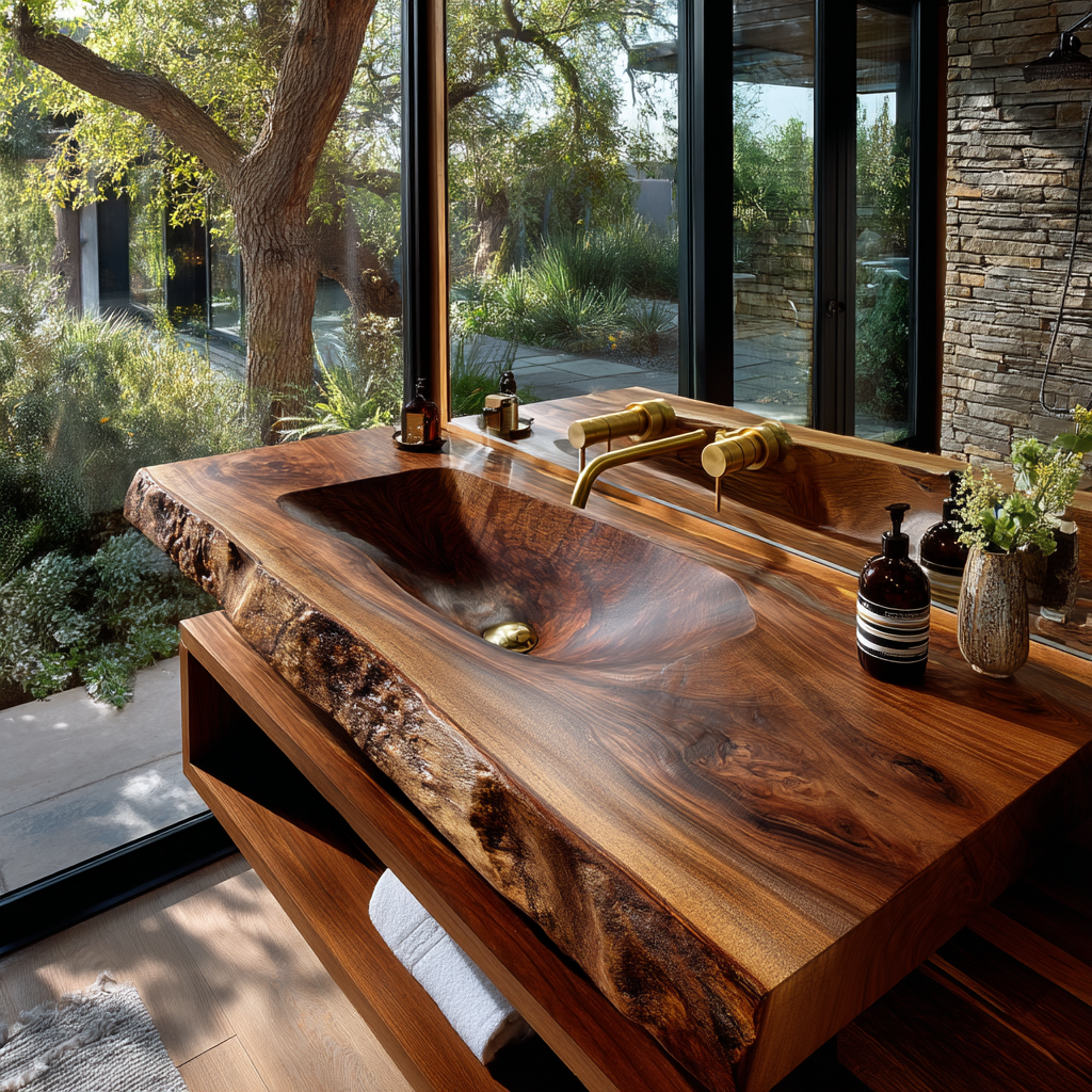 Calvero Sculpted Live Edge Solid Wood Floating Bathroom Vanity with Integrated Sink - Timberustic Floating Bathroom Vanity with Integrated Sink