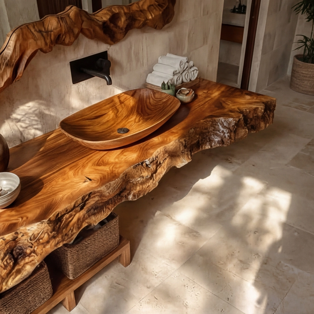 Calviro Handcrafted Live Edge Solid Wood Floating Bathroom Vanity SPA334368 - Timberustic Floating Bathroom Vanity