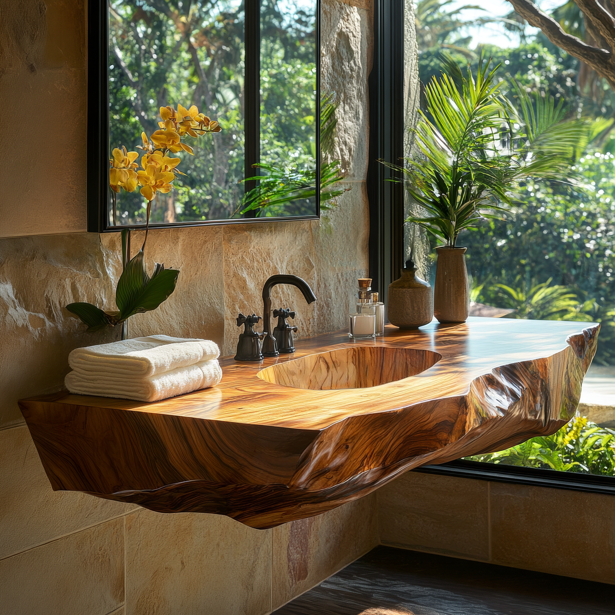 Cavero Sculpted Live Edge Solid Wood Floating Bathroom Vanity with Integrated Sink SPA248842 - Timberustic Floating Bathroom Vanity with Integrated Sink