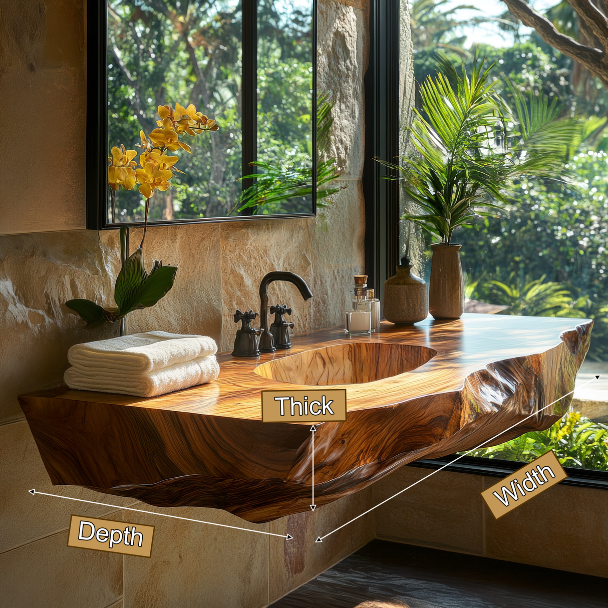 Cavero Sculpted Live Edge Solid Wood Floating Bathroom Vanity with Integrated Sink SPA248842 - Timberustic Floating Bathroom Vanity with Integrated Sink