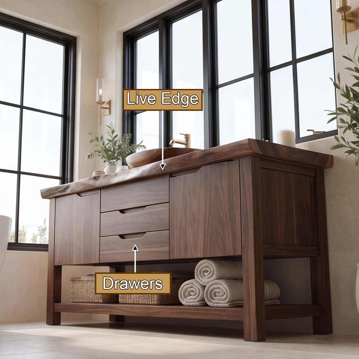 Cedarvale Live Edge Solid Wood Freestanding Bathroom Vanity with Drawers