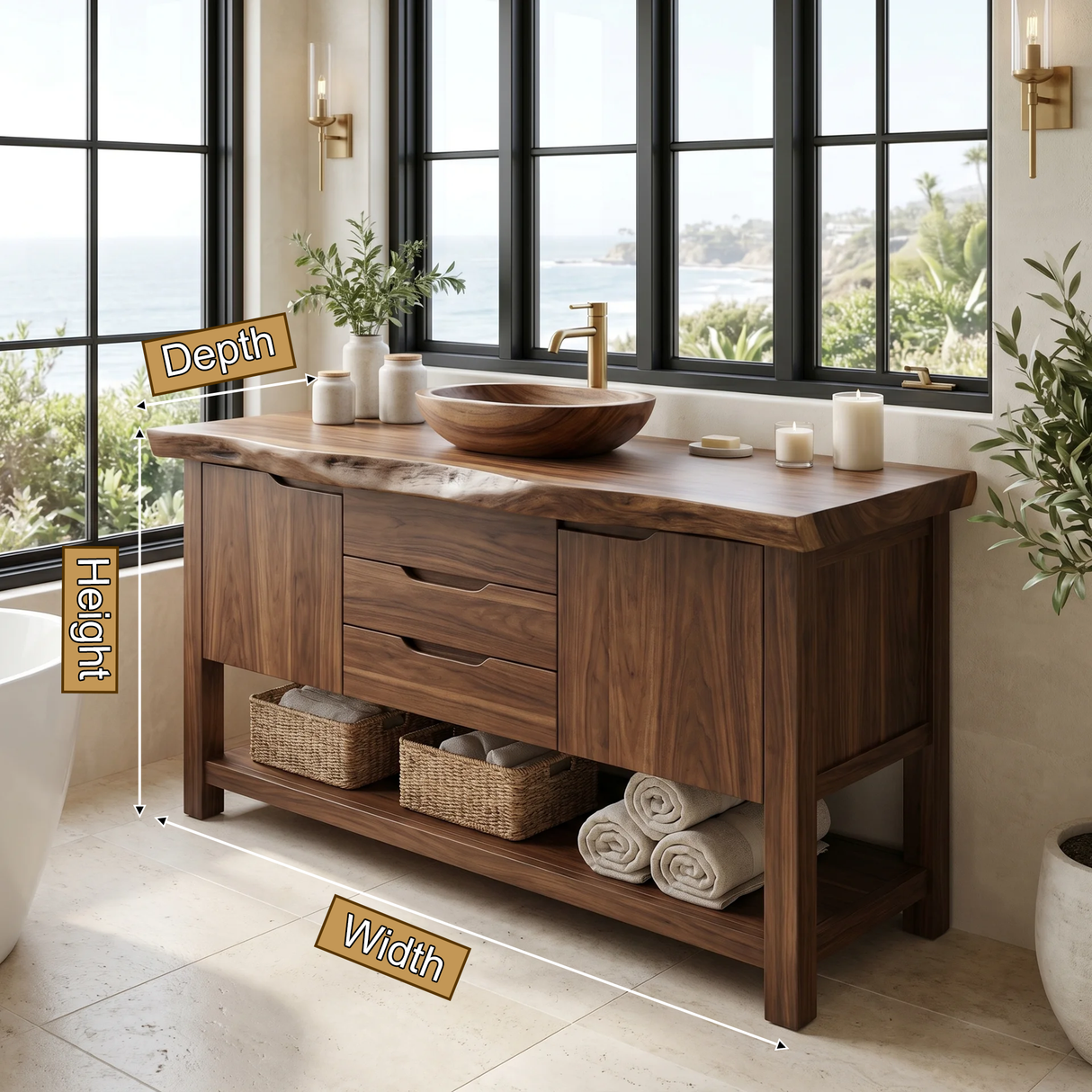 Cedarvale Live Edge Solid Wood Freestanding Bathroom Vanity with Drawers