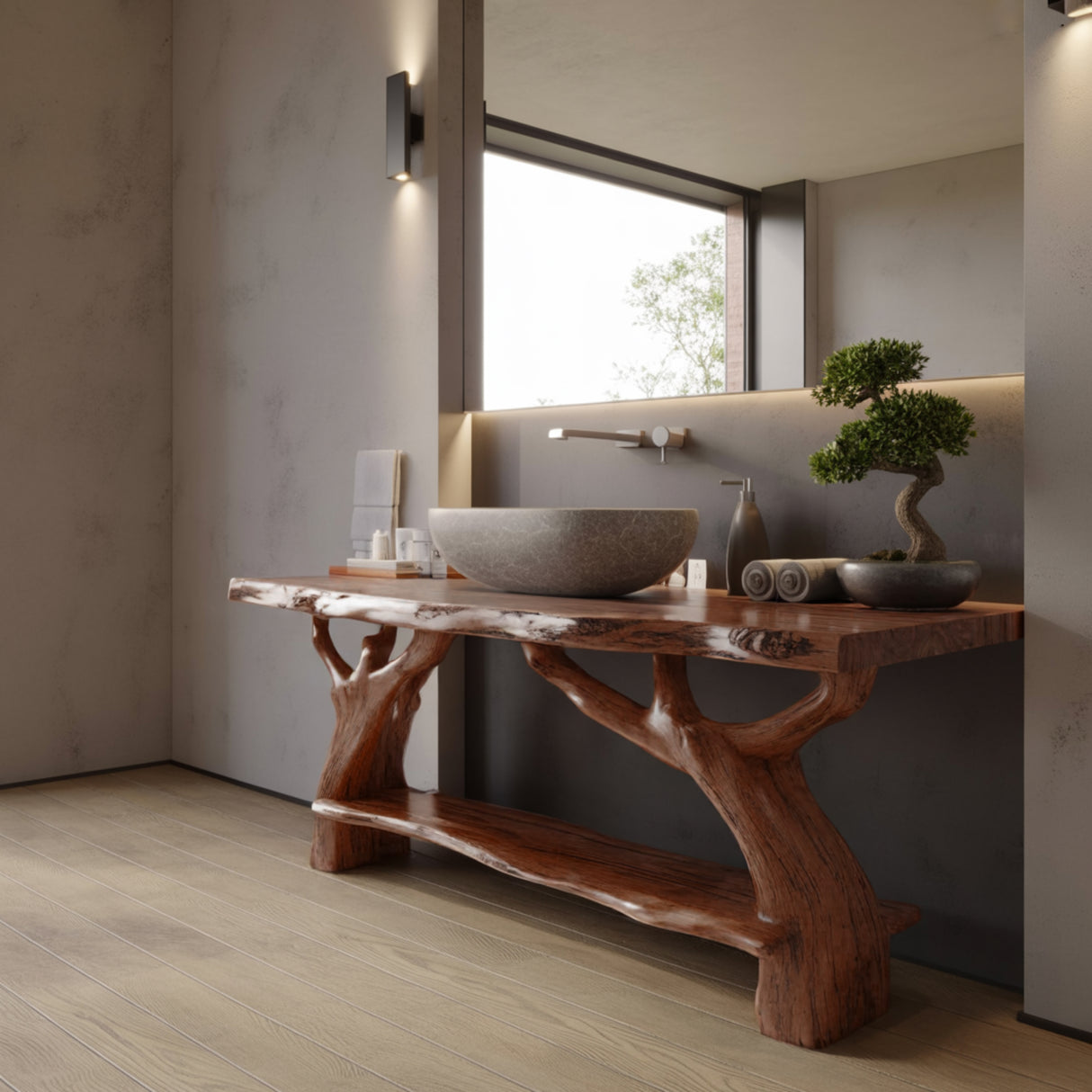 Contemporary Rustic Solid Wood Bathroom Vanity with Shelf