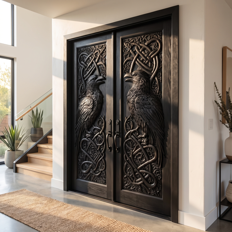 Corvaryn Handcrafted Solid Wood Raven Double Doors Black - Timberustic Door