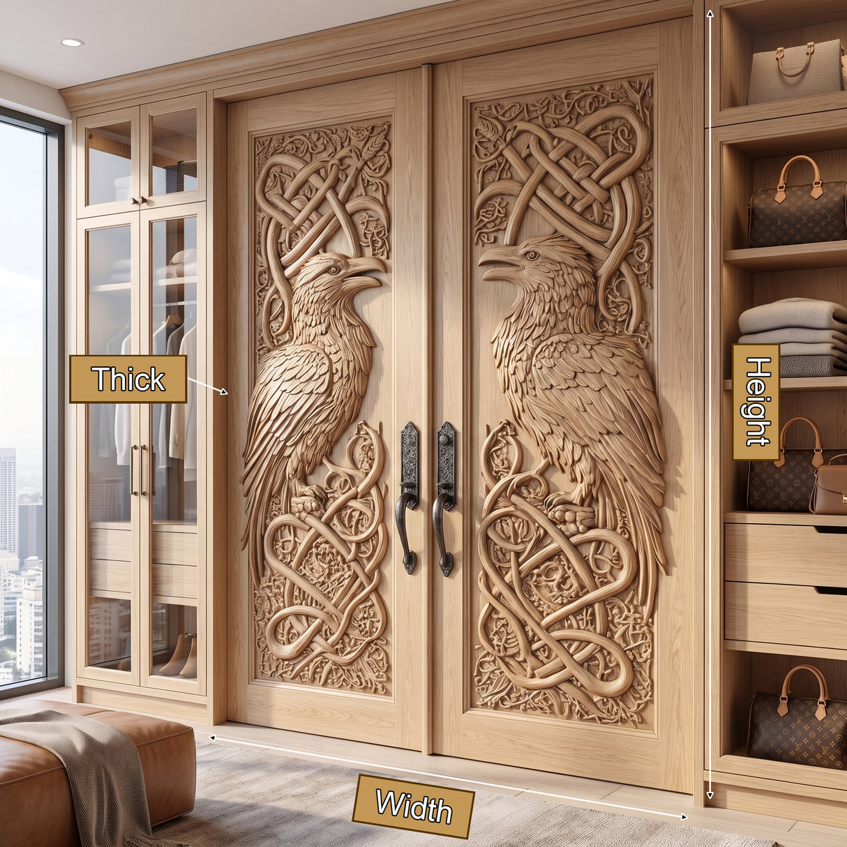 Corvaryn Handcrafted Solid Wood Raven Double Doors