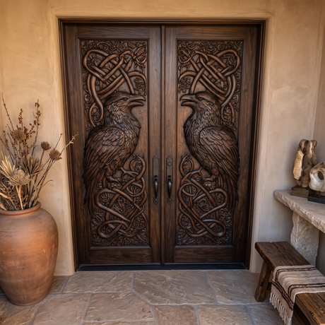 Corvaryn Handcrafted Solid Wood Raven Double Doors Dark Walnut - Timberustic Door