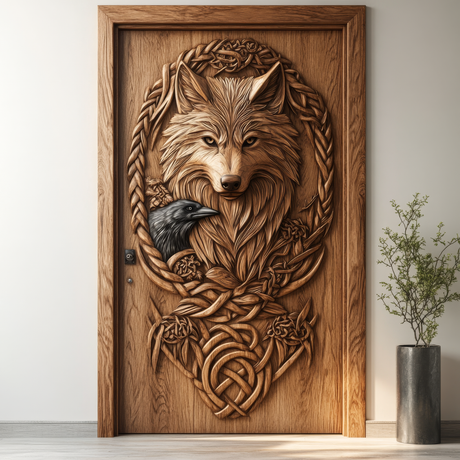 Corvaryn Handcrafted Solid Wood Wolf and Raven Single Door - Timberustic Door