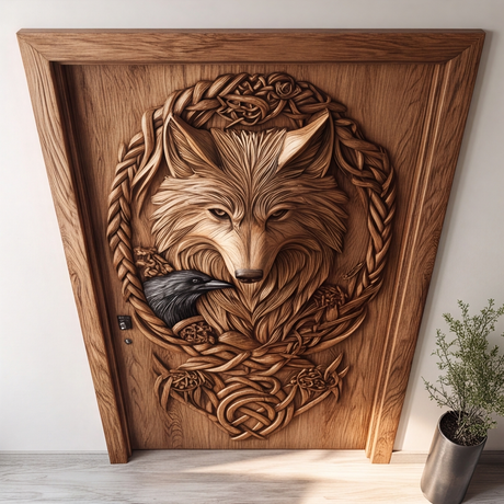 Corvaryn Handcrafted Solid Wood Wolf and Raven Single Door - Timberustic Door