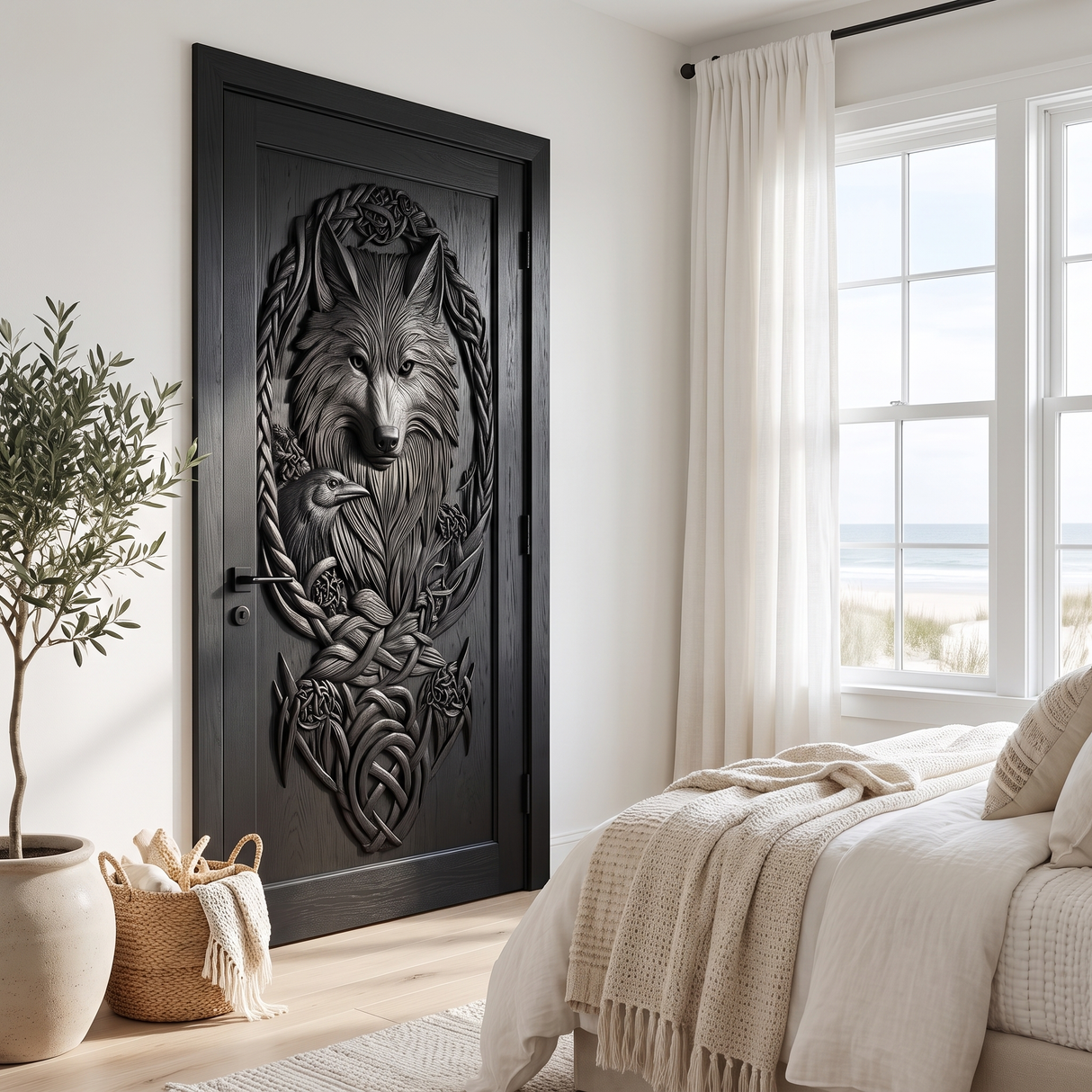 Corvaryn Handcrafted Solid Wood Wolf and Raven Single Door