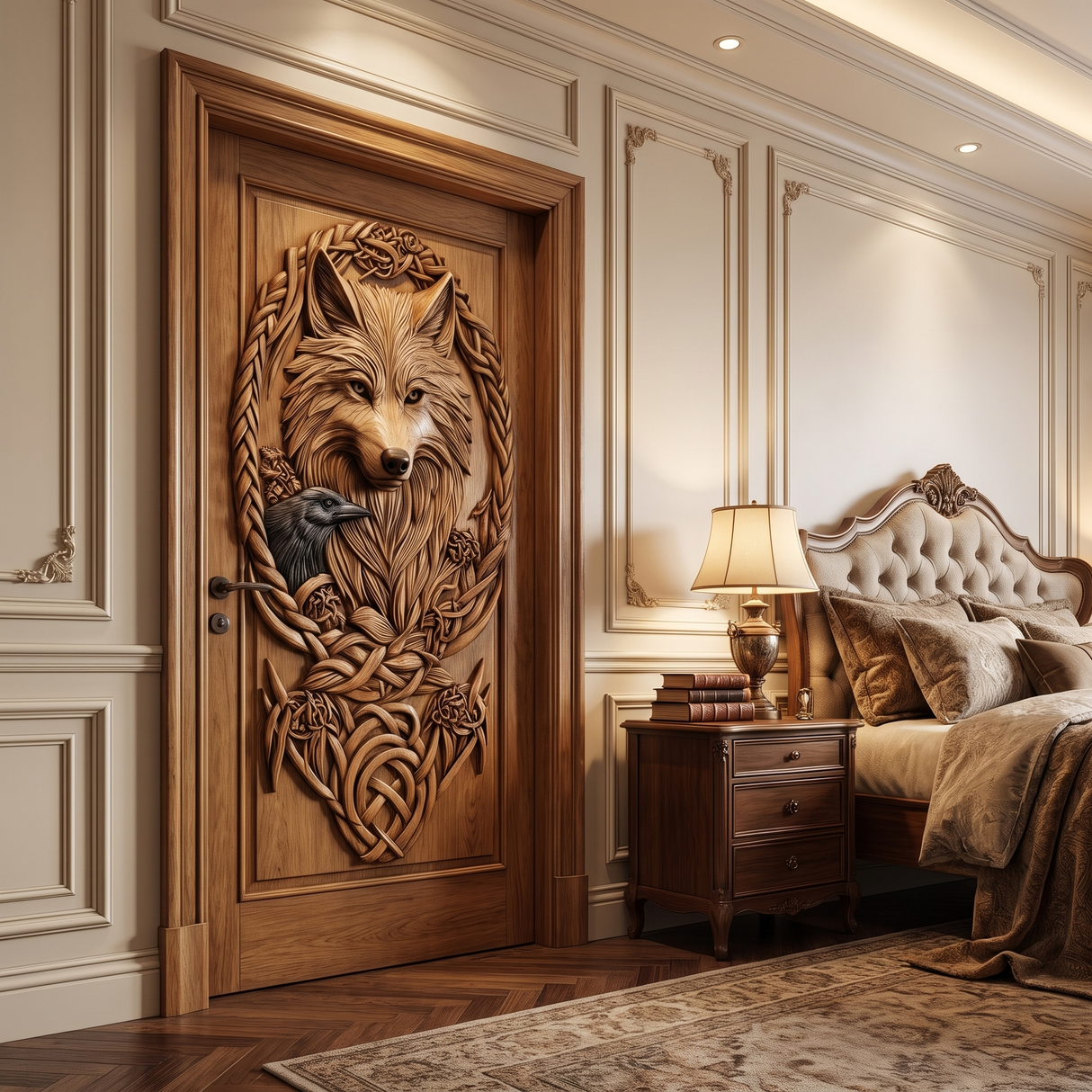 Corvaryn Handcrafted Solid Wood Wolf and Raven Single Door