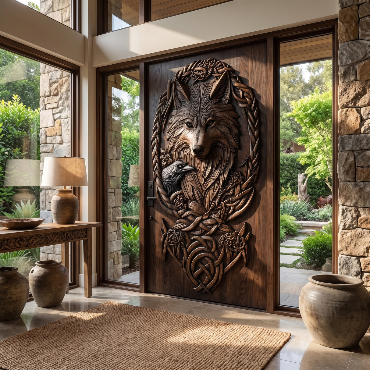 Corvaryn Handcrafted Solid Wood Wolf and Raven Single Door