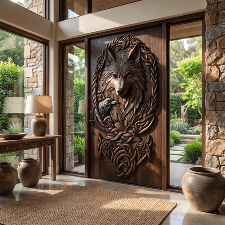 Corvaryn Handcrafted Solid Wood Wolf and Raven Single Door Dark Walnut - Timberustic Door