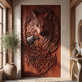 Corvaryn Handcrafted Solid Wood Wolf and Raven Single Door
