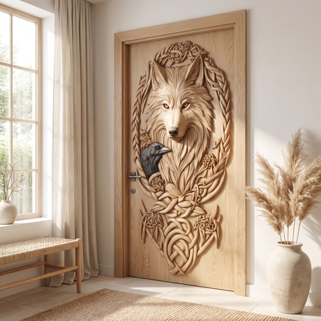 Corvaryn Handcrafted Solid Wood Wolf and Raven Single Door Natural Oak - Timberustic Door