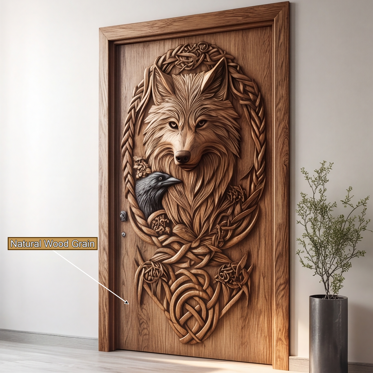 Corvaryn Handcrafted Solid Wood Wolf and Raven Single Door