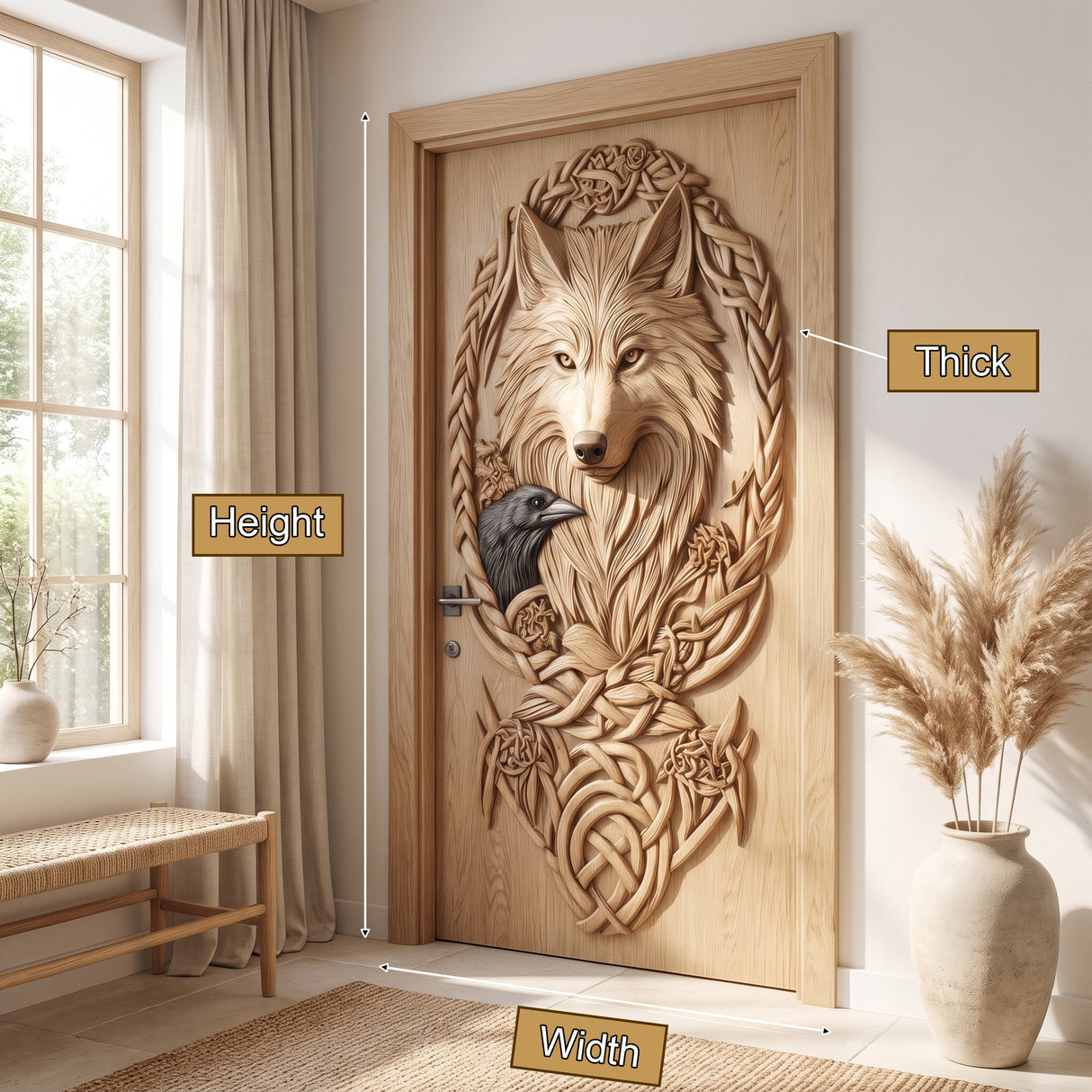 Corvaryn Handcrafted Solid Wood Wolf and Raven Single Door