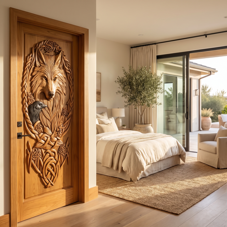 Corvaryn Handcrafted Solid Wood Wolf and Raven Single Door Teak - Timberustic Door