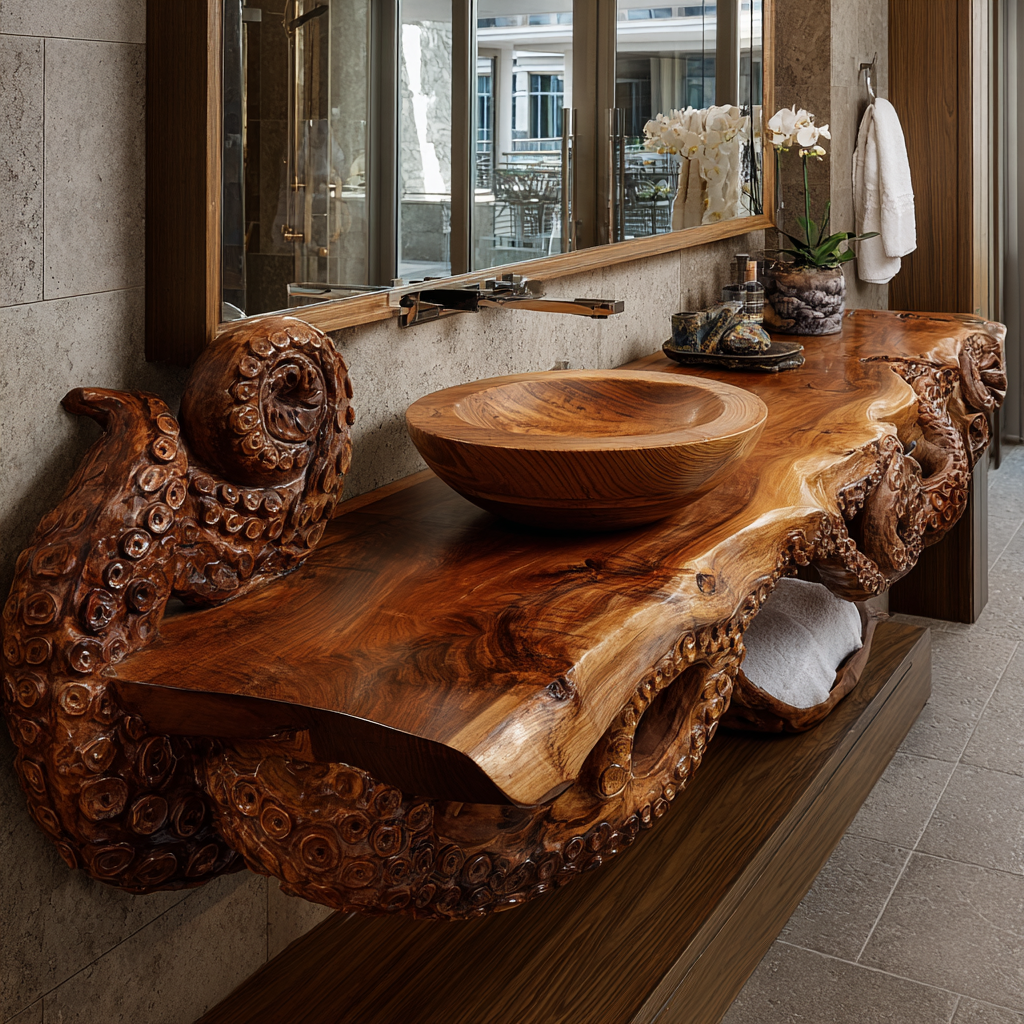 Corvethis Octopus Form Sculpted Solid Wood Floating Bathroom Vanity - Timberustic Floating Bathroom Vanity