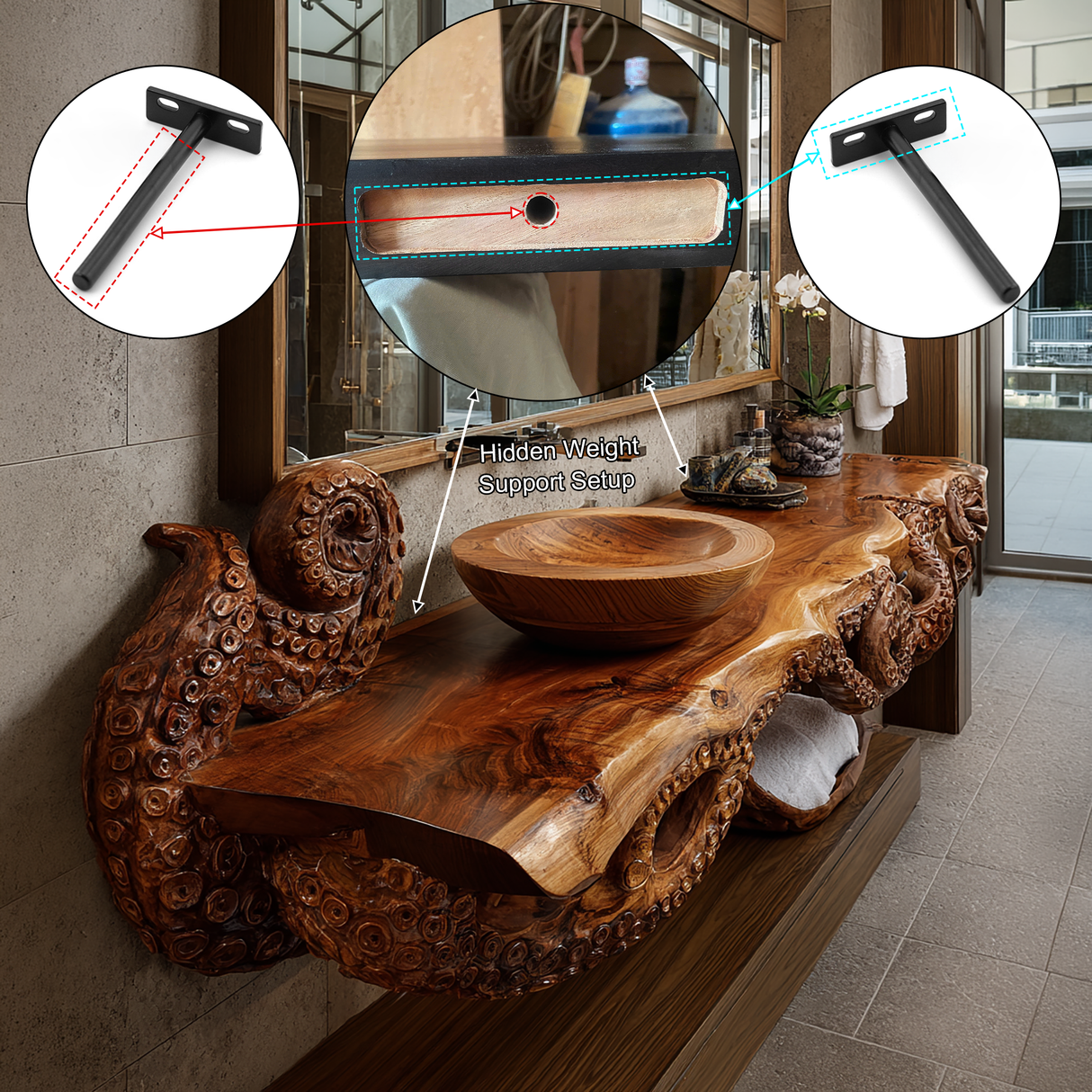 Corvethis Octopus Form Sculpted Solid Wood Floating Bathroom Vanity - Timberustic Floating Bathroom Vanity