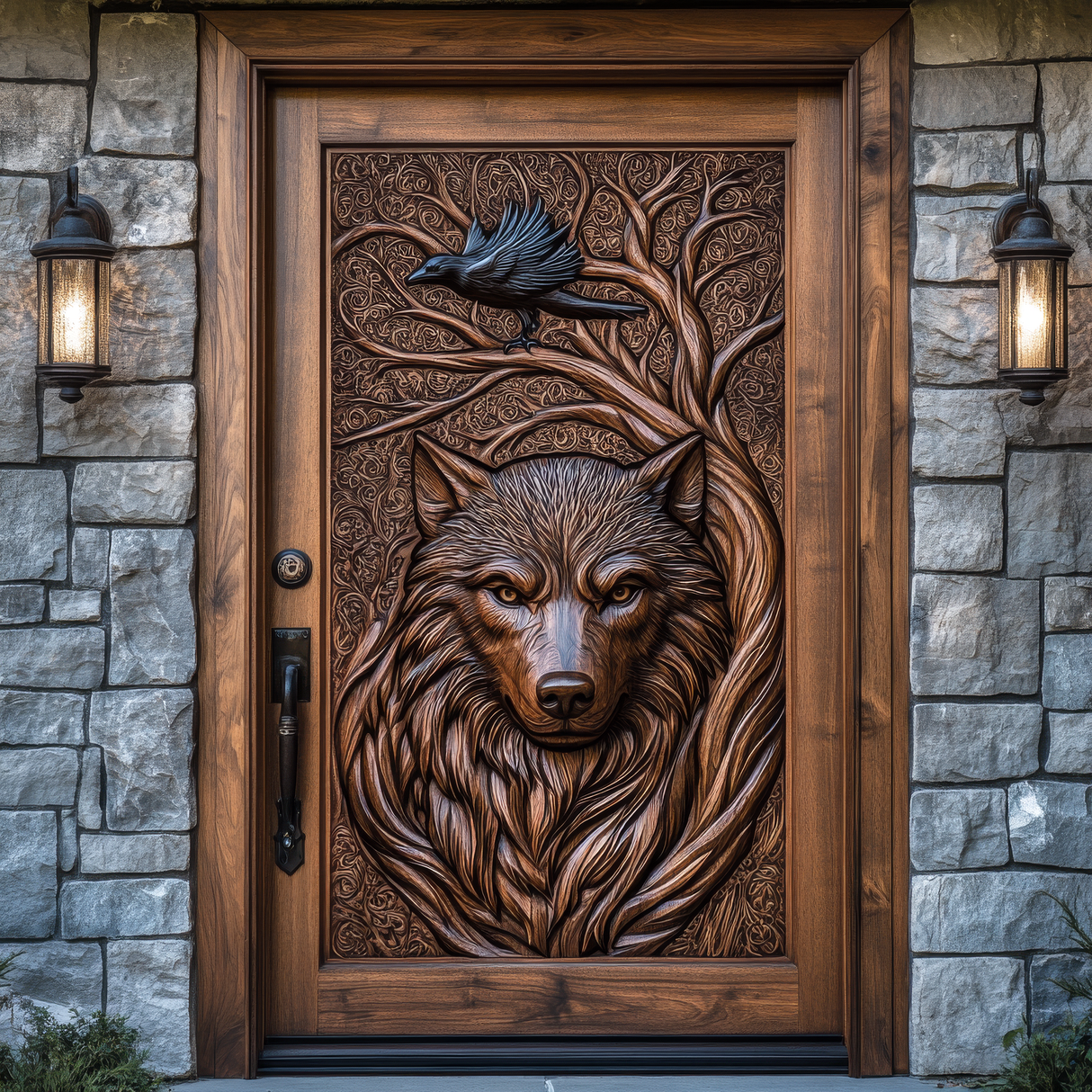 Corwyn Sculpted Solid Wood Wolf Guardian Single Door
