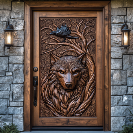 Corwyn Sculpted Solid Wood Wolf Guardian Single Door - Timberustic Door