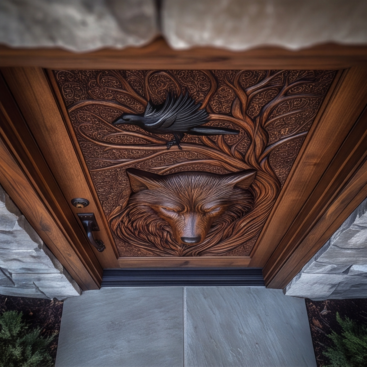 Corwyn Sculpted Solid Wood Wolf Guardian Single Door