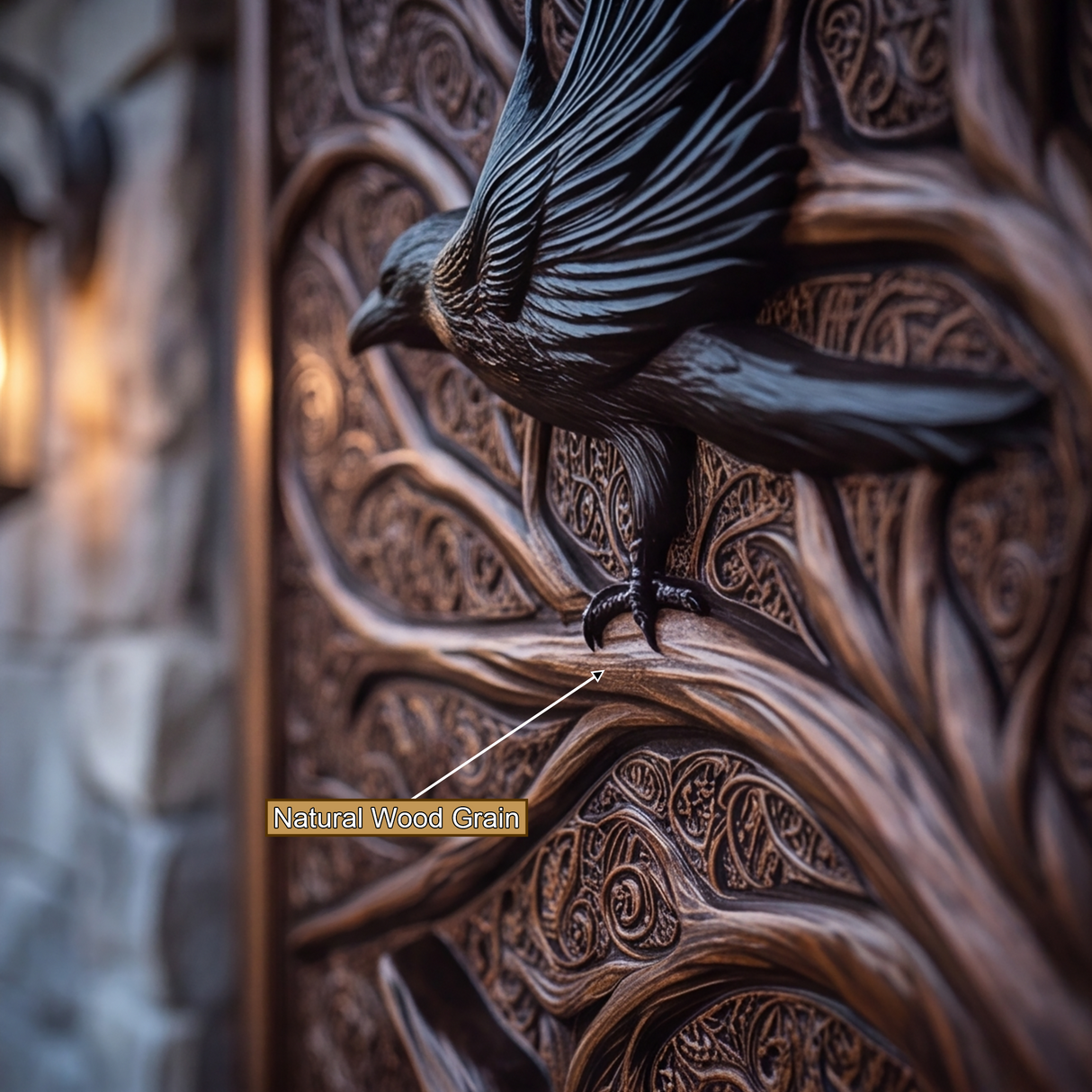 Corwyn Sculpted Solid Wood Wolf Guardian Single Door