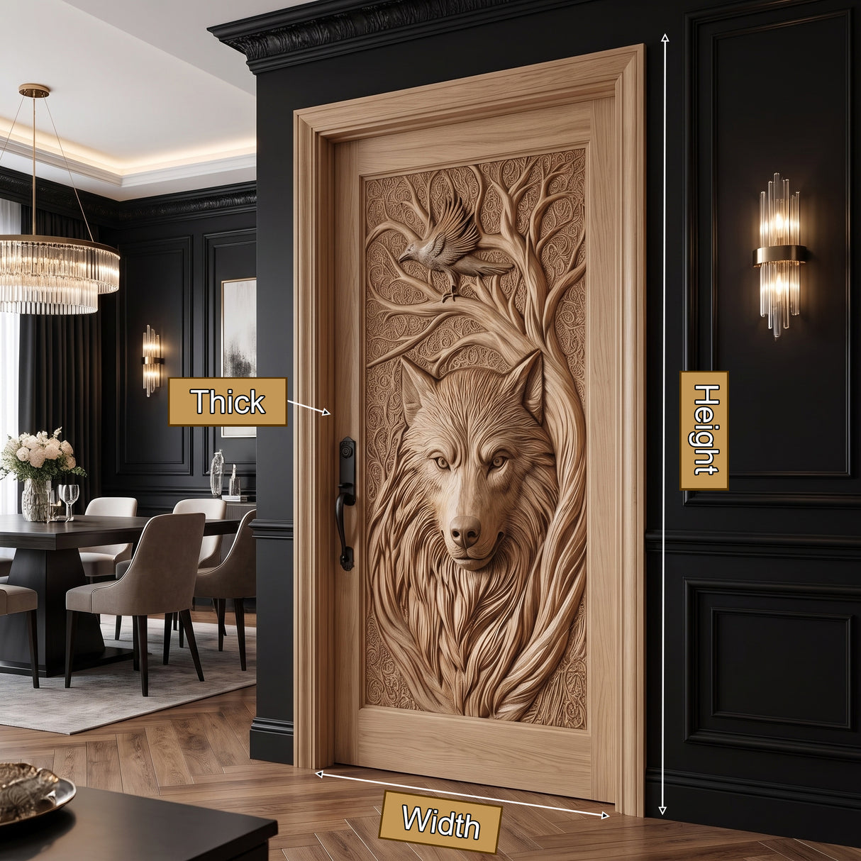 Corwyn Sculpted Solid Wood Wolf Guardian Single Door