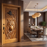 Corwyn Sculpted Solid Wood Wolf Guardian Single Door Teak - Timberustic Door