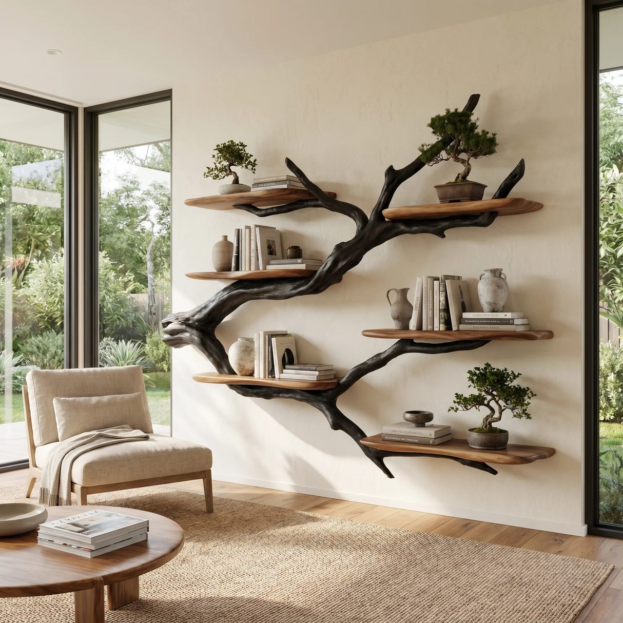 Crestbloom Handcrafted Solid Wood Floating Tree Bookshelf