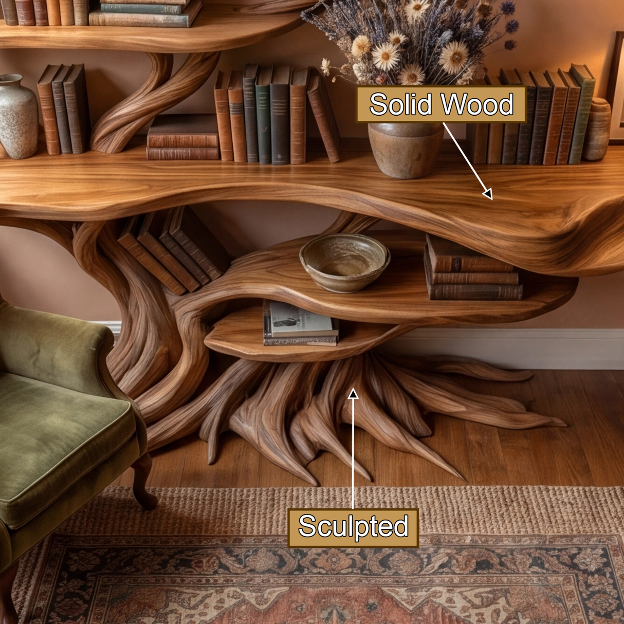 Drevanor Sculpted Solid Wood Console Table with Shelves - Timberustic Console Table with Shelves
