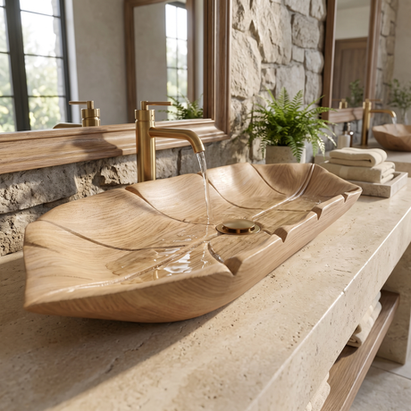 Driftara Handcrafted Solid Wood Leaf Vessel Sink Natural Oak - Timberustic Vessel Sinks