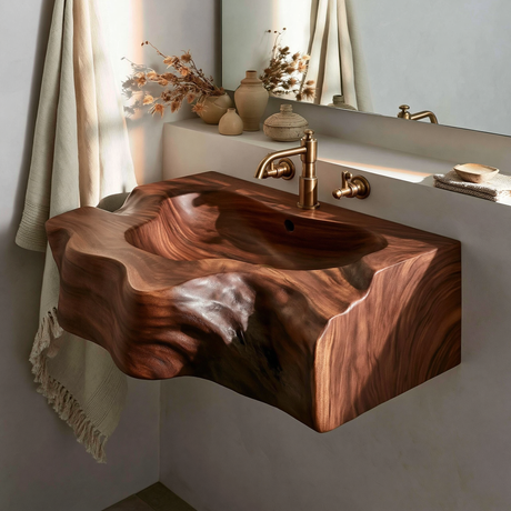 Drifthewn Handcrafted Live Edge Solid Wood Floating Bathroom Vanity with Drawers - Timberustic Floating Bathroom Vanity with Integrated Sink