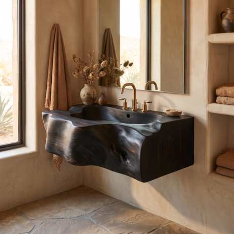 Drifthewn Handcrafted Live Edge Solid Wood Floating Bathroom Vanity with Drawers Black - Timberustic Floating Bathroom Vanity with Integrated Sink