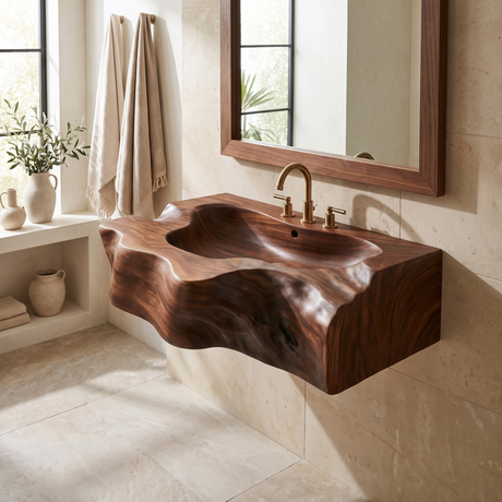 Drifthewn Handcrafted Live Edge Solid Wood Floating Bathroom Vanity with Drawers Dark Walnut - Timberustic Floating Bathroom Vanity with Integrated Sink