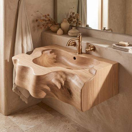 Drifthewn Handcrafted Live Edge Solid Wood Floating Bathroom Vanity with Drawers Natural Oak - Timberustic Floating Bathroom Vanity with Integrated Sink