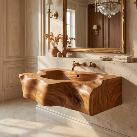 Drifthewn Handcrafted Live Edge Solid Wood Floating Bathroom Vanity with Drawers Teak - Timberustic Floating Bathroom Vanity with Integrated Sink