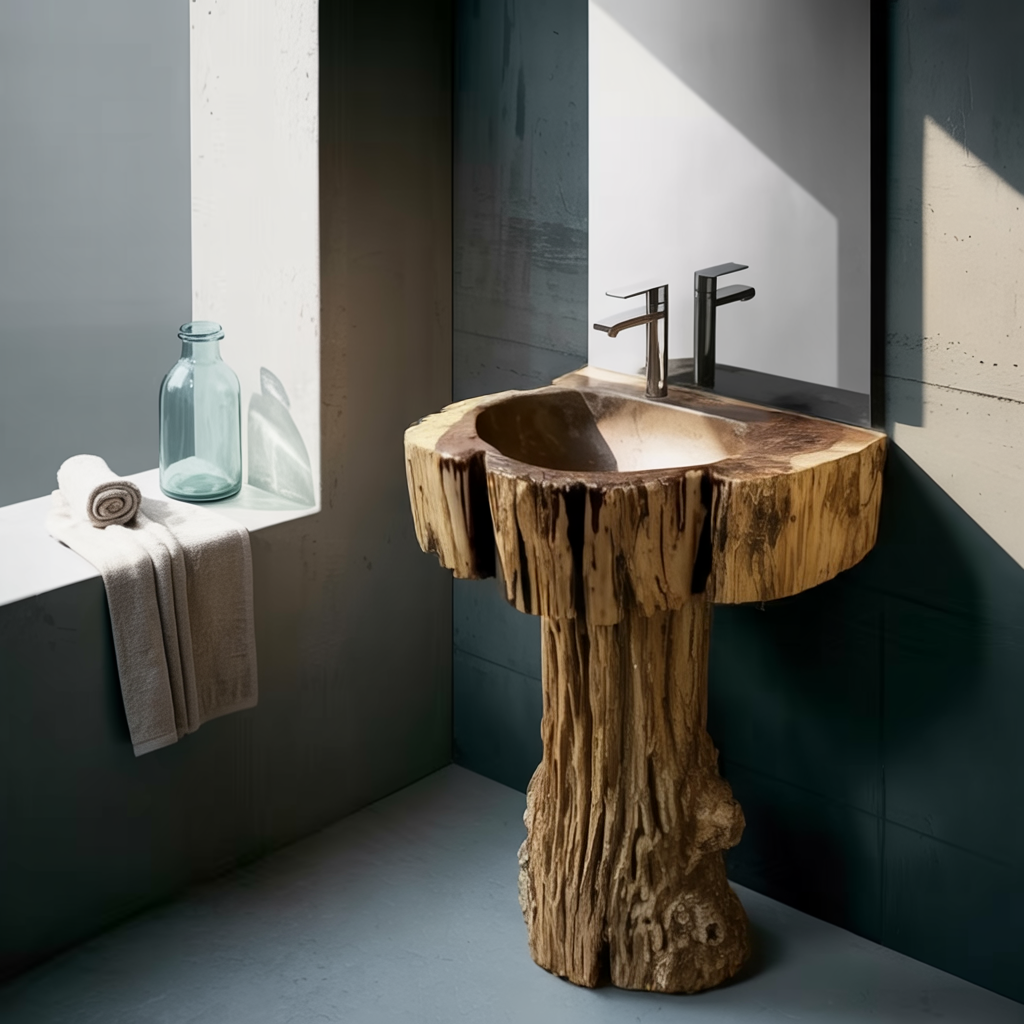 Driftwood Rustic Hand-Sculpted Solid Wood Pedestal Bathroom Sink